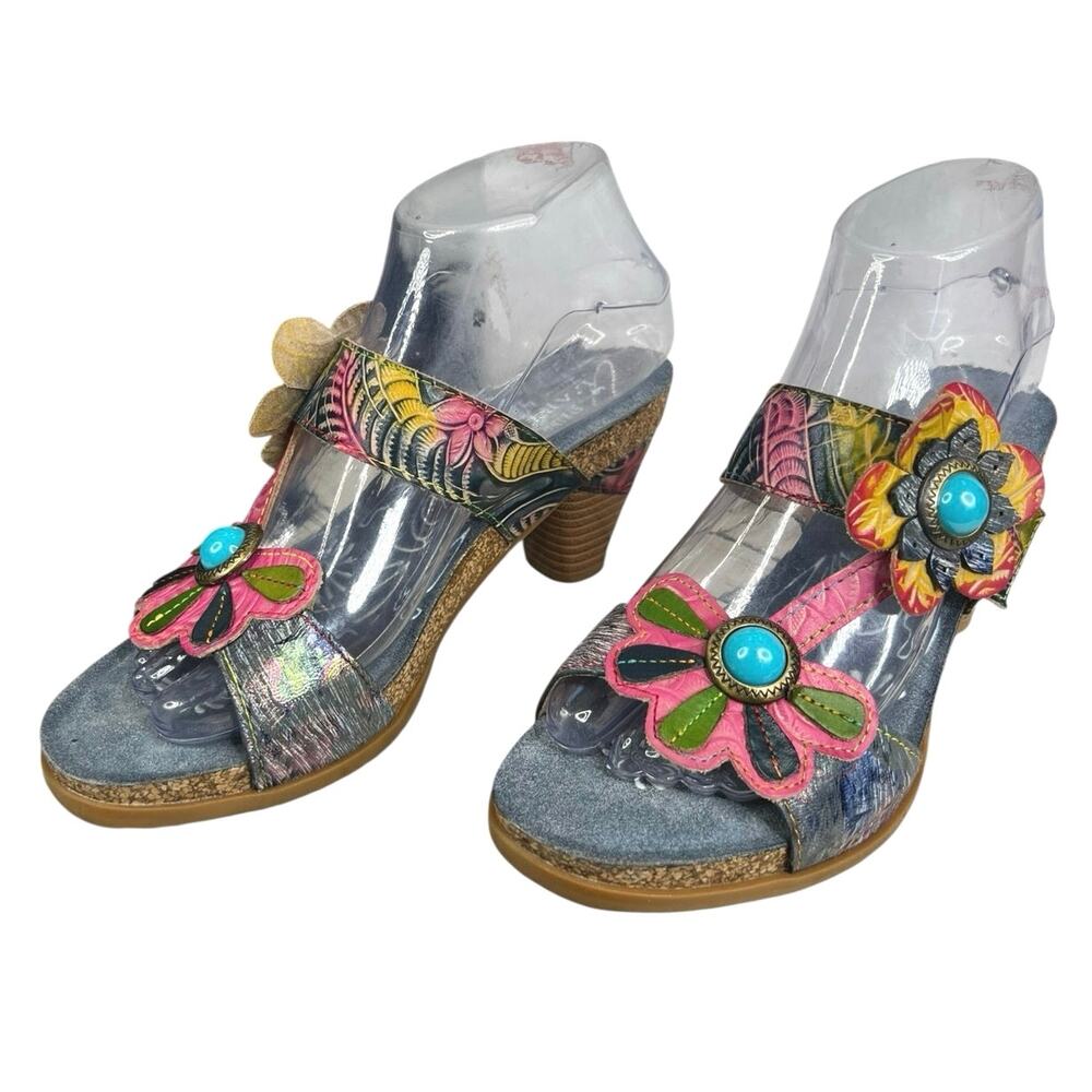 L’artiste By Spring Step Women’s Erbal Blue Floral Heel Sandal Size 38 US 7.5/8 - Picture 6 of 11
